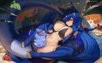 1girl animal animal_ears areola_slip blue_gloves blue_hair blue_thighhighs blush breasts crab crescent crescent_hair_ornament elbow_gloves gloves greatodoggo hair_ornament hair_over_one_eye highres indie_virtual_youtuber large_breasts long_hair looking_at_viewer lying navel on_back red_eyes smile solo spread_legs star_(symbol) star_hair_ornament starry_hair tail thighhighs vienna_(vtuber) virtual_youtuber 