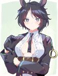  1girl animal_ears black_gloves black_hair black_jacket black_necktie blush breasts center_frills center_opening closed_mouth collared_shirt ear_ornament frilled_shirt frills fuji_kiseki_(umamusume) gloves grey_hair highres horse_ears jacket jewelry light_smile long_sleeves looking_at_viewer medium_breasts medium_hair multicolored_hair necktie no_bra open_clothes open_jacket parted_bangs poposhika shirt solo straight-on two-tone_hair umamusume upper_body white_shirt wing_collar 
