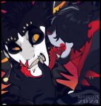 artist_name black_body black_hair dated duo forked_tongue grey_body grey_hair grey_sclera hair humanoid licking licking_another long_tongue male obscured_eyes orange_eyes piercing rayliicious red_tongue tongue tongue_piercing white_body yellow_eyes