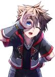  1boy blue_eyes brown_hair crown_necklace hair_between_eyes highres jacket jewelry kagachi_118 kingdom_hearts male_focus necklace one_eye_closed open_mouth short_hair short_sleeves solo sora_(kingdom_hearts) spiked_hair white_background 