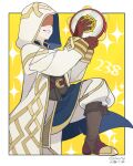  1boy boots brown_footwear faceless faceless_male fire_emblem fire_emblem_heroes gloves hood hood_up hooded_robe instrument kiran_(fire_emblem) kiran_(male)_(fire_emblem) kitano_ririo leather leather_gloves robe smile solo sparkle_background tambourine yellow_background 