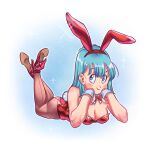  1girl amachu_a animal_ears aqua_hair blue_eyes bow bowtie breasts brown_pantyhose bulma cleavage commentary detached_sleeves dragon_ball dragon_ball_(classic) english_commentary fake_animal_ears fake_tail full_body hairband head_rest highres leotard lying medium_breasts on_stomach pantyhose playboy_bunny rabbit_ears rabbit_tail red_bow red_bowtie red_hairband red_leotard smile solo sparkle strapless strapless_leotard tail the_pose traditional_bowtie wrist_cuffs 