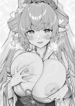  1girl animal_ears bare_shoulders blush breasts catura_(granblue_fantasy) deep_skin detached_sleeves earrings flower grabbing_own_breast granblue_fantasy greyscale hair_flower hair_ornament heart huge_breasts jewelry looking_at_viewer monochrome mushi024 parted_lips ring solo upper_body 