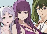  3girls blue_background blunt_bangs breasts cleavage closed_mouth collarbone earrings fern_(sousou_no_frieren) frieren green_eyes green_hair hair_between_eyes hand_on_another&#039;s_shoulder jewelry multiple_girls open_mouth pointy_ears purple_eyes purple_hair shiren_(ourboy83) short_eyebrows sidelocks simple_background smile sousou_no_frieren surprised thick_eyebrows ubel_(sousou_no_frieren) upper_body white_background 