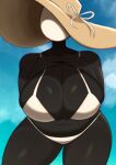 2024 alien android artificer_(risk_of_rain) big_breasts bikini black_body breasts clothing digital_drawing_(artwork) digital_media_(artwork) featureless_face female fingers front_view glistening glistening_body glistening_breasts glistening_thighs hands_on_own_chest hat headgear headwear huge_breasts humanoid machine navel not_furry outside portrait rekkadraws risk_of_rain robot robot_humanoid shaded sky solo standing sun_hat swimwear thick_thighs three-quarter_portrait white_bikini white_bikini_bottom white_bikini_top white_clothing white_face white_swimwear