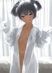  1girl absurdres blue_eyes breasts collared_shirt commission curtains grey_hair grin highres i-36_(kancolle) indoors kantai_collection long_shirt looking_at_viewer naked_shirt navel open_clothes open_shirt pixiv_commission shirt sleeves_past_fingers sleeves_past_wrists small_breasts smile solo tama_(tamago) twintails white_shirt 
