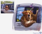  anthro brown_body brown_fur canid canine canis car domestic_dog floppy_ears fur hi_res male mammal meme menacing_(meme) muscular muscular_anthro muscular_male photo photography_(artwork) rappenem reference_image solo vehicle 