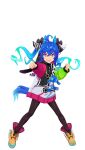  1girl @_@ ahoge animal_ears aqua_hair bad_link black_bodysuit blue_eyes blue_hair bodysuit bodysuit_under_clothes boots bow clenched_hands crossed_bangs drawstring full_body game_model hair_bow heterochromia highres hood hoodie horse_ears horse_girl horse_tail legs_apart long_hair long_sleeves looking_to_the_side multicolored_clothes multicolored_hair multicolored_hoodie open_mouth purple_eyes sharp_teeth sidelocks solo standing striped_bow stuffed_animal stuffed_rabbit stuffed_toy tachi-e tail teeth transparent_background twin_turbo_(umamusume) twintails two-tone_hair umamusume very_long_hair yellow_footwear 