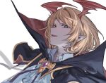  1boy blonde_hair cape fangs granblue_fantasy hashibiro_kou_(garapiko_p) head_wings highres male_focus multicolored_eyes open_mouth pointy_ears short_hair vampire veight wings 