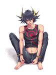  barefoot cum facial fudou_yuusei male male_focus solo spiked_hair yu-gi-oh! yu-gi-oh!_5d&#039;s yusei_fudo yuu-gi-ou_5d's 