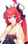  1girl :d absurdres ahoge blue_archive blue_hakama blush brown_kimono commentary_request dango demon_horns fang floral_print food hair_between_eyes hakama halo highres holding holding_food horns japanese_clothes junko_(blue_archive) kimono long_hair obi pointy_ears print_kimono purple_eyes red_hair sanshoku_dango sash simple_background smile solo sprout_(haji_s) twintails very_long_hair wagashi white_background 