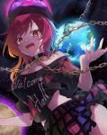  1girl black_background black_shirt breasts chain cleavage clothes_writing daiwa_uho earth_(ornament) hecatia_lapislazuli highres looking_at_viewer midriff miniskirt moon_(ornament) open_mouth plaid plaid_skirt puffy_short_sleeves puffy_sleeves red_eyes red_hair shirt short_hair short_sleeves skirt smile solo touhou underworld_(ornament) upper_body 