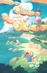  absurdres alternate_color artist_name closed_eyes cloud commentary dudunsparce dunsparce evolutionary_line flower flying highres lighthouse no_humans on_grass open_mouth outdoors pokemon pokemon_(creature) shiny_pokemon symbol-only_commentary taplaos twitter_username water white_flower 