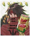 1boy belt_buckle black_gloves black_hair brown_eyes buckle bugles_(food) cape chips_(food) claw_pose clawed_gauntlets commentary corn corn_cob covered_mouth final_fantasy final_fantasy_vii final_fantasy_vii_rebirth final_fantasy_vii_remake food gauntlets gloves hands_up headband highres holding holding_food long_hair male_focus red_cape red_headband rena_s1226 single_gauntlet snack solo spiked_hair symbol-only_commentary upper_body vincent_valentine 
