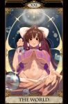  1girl alternate_costume beji-kun blush bow breasts brown_eyes brown_hair capelet closed_mouth commentary_request cookie_(touhou) groin hair_bow hakurei_reimu hand_up highres kanna_(cookie) large_breasts long_hair looking_at_viewer medium_bangs navel palms purple_capelet roman_numeral sidelocks smile solo sunlight tarot tarot_(medium) the_world_(tarot) touhou underboob upper_body very_long_hair water_drop white_bow 