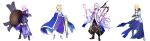  2boys 2girls absurdres ahoge arm_up armor armored_boots armored_dress arthur_pendragon_(fate) artoria_pendragon_(fate) avalon_(fate/stay_night) black_footwear black_hood black_pants black_shirt blonde_hair blue_cloak blue_dress blue_stole boobplate boots braid breastplate breasts cloak closed_mouth crown dress excalibur_(fate/prototype) excalibur_(fate/stay_night) fate/grand_order fate_(series) faulds flower full_body fur-trimmed_cloak fur_trim gauntlets green_eyes grey_hair hair_between_eyes hair_ornament hair_over_one_eye hair_ribbon hand_on_own_chest high_heel_boots high_heels highres holding holding_shield holding_staff holding_sword holding_weapon hood hood_down long_hair long_sleeves looking_at_viewer lord_camelot_(fate) mash_kyrielight medium_breasts merlin_(fate) multiple_boys multiple_girls one_eye_covered pants pauldrons petals pink_flower pink_hair puffy_pants purple_eyes ribbon robe saber_(fate) sheath sheathed shield shirt short_hair shoulder_armor simple_background smile staff stole sword very_long_hair weapon white_background white_robe wide_sleeves xuehua 