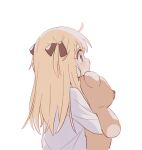  1girl black_ribbon blonde_hair blue_eyes closed_mouth dress hair_ornament hair_ribbon highres long_hair long_sleeves namori ribbon shirt simple_background solo standing stuffed_animal stuffed_toy tears teddy_bear toshinou_kyouko tress_ribbon upper_body white_background white_shirt yuru_yuri 