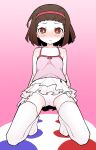  1girl absurdres akableak arms_behind_back bakemonogatari bare_shoulders blush breasts bright_pupils brown_eyes brown_hair cameltoe camisole casual closed_mouth collarbone commentary embarrassed english_commentary frilled_skirt frills from_below gradient_background hair_slicked_back hairband highres kneeling looking_at_viewer looking_down monogatari_(series) no_shoes nose_blush panties pantyshot pink_background pink_camisole pink_hairband raised_eyebrows scene_reference sengoku_nadeko skirt small_breasts solo spaghetti_strap teasing thighhighs twister underwear upskirt white_panties white_pupils white_skirt white_thighhighs zettai_ryouiki 
