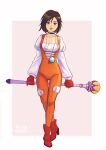  1girl artist_name black_choker bodysuit boots border brown_eyes brown_hair choker closed_mouth collarbone felia_hanakata final_fantasy final_fantasy_ix full_body garnet_til_alexandros_xvii gloves grey_background high_heel_boots high_heels highres holding holding_staff jewelry looking_at_viewer medium_hair necklace orange_bodysuit outside_border red_footwear red_gloves simple_background smile solo staff standing twitter_username white_border 