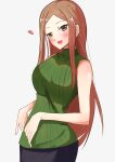  1girl bare_arms blush breasts brown_hair green_eyes green_sweater heart highres idolmaster idolmaster_cinderella_girls large_breasts long_hair looking_at_viewer matsuyama_kumiko parted_bangs sidelocks simple_background sleeveless sleeveless_sweater smile solo straight_hair sweater syugoumiso very_long_hair 