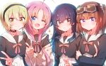  4girls absurdres ahoge akeuchi_yuu black_headband blonde_hair blue_eyes crossed_arms fujinomisaki_school_uniform goggles goggles_on_head hair_between_eyes headband highres hoshikuzu_telepath huge_ahoge konohoshi_umika long_hair looking_at_viewer medium_hair multiple_girls nyaa_(nnekoron) open_mouth orange_hair pink_hair purple_eyes purple_hair raimon_matataki red_eyes school_uniform short_hair simple_background smile takaragi_haruno twintails uniform v white_background yellow_eyes 