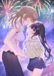  2girls arm_behind_back black_hair brown_hair eye_contact fireworks hair_ornament height_difference long_hair looking_at_another multiple_girls nervous shorts smile sweatdrop 