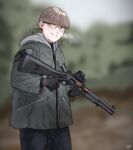  1girl american_flag benelli_m4 black_gloves black_pants blurry brown_hair depth_of_field eotech gloves green_jacket gun highres jacket looking_at_viewer optical_sight original pants shotgun shotgun_shell smile solo the_zombie5555 weapon 