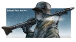  1girl ammunition_belt border cigarette combat_helmet expressionless green_jacket gun helmet jacket looking_at_viewer machine_gun mg34 military_uniform original smoking snow snowing solo stahlhelm the_zombie5555 uniform weapon wehrmacht white_border world_war_ii 