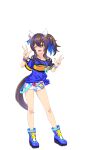  1girl ;d animal_ears bead_bracelet beads blue_hair blue_shirt boots bracelet breasts brown_hair collarbone colored_inner_hair contrapposto daitaku_helios_(umamusume) double_w ear_covers ear_piercing facial_tattoo fang fingernails full_body game_model hair_between_eyes hair_ornament hairclip highres horse_ears horse_girl horse_tail jewelry looking_at_viewer medium_breasts medium_hair multicolored_hair necklace one_eye_closed open_mouth piercing shirt shoes shorts smile solo standing streaked_hair striped_clothes striped_shirt tachi-e tail tattoo transparent_background umamusume w white_background white_shorts yellow_eyes 