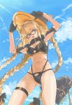  1girl absurdres adjusting_clothes adjusting_headwear aesc_(fate) aesc_(rain_witch)_(fate) bikini black_bikini black_gloves blonde_hair blue_eyes blue_sky blush braid breasts cleavage closed_mouth fate/grand_order fate_(series) from_below glasses gloves hat highres kat_(4681526) looking_at_viewer multiple_braids navel open_mouth red-framed_eyewear round_eyewear scarf sky smile sunlight swimsuit thigh_strap tri_braids witch_hat 