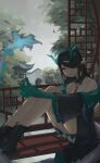  1girl absurdres arknights black_hair dragon_girl dragon_horns dusk_(arknights) earrings ganjiang gradient_skin green_horns highres horns jewelry long_hair looking_at_viewer multicolored_hair pointy_ears red_eyes solo streaked_hair tassel tassel_earrings 