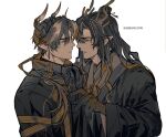  2boys antlers arknights brothers brown_hair chinese_clothes chong_yue_(arknights) coat commentary_request dragon_boy dragon_horns earrings hair_over_shoulder hand_up highres horns incest jewelry korean_commentary korean_text long_hair long_sleeves looking_at_another low_ponytail male_focus minal10101 multicolored_hair multiple_boys parted_lips pointy_ears red_eyes siblings simple_background streaked_hair translation_request upper_body white_background wide_sleeves yaoi yellow_eyes zhi_(arknights) 