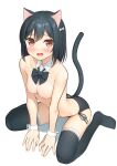  1girl absurdres animal_ears apollo_(hu_maple) arched_back black_bow black_bowtie black_hair black_panties black_thighhighs blush bob_cut bow bowtie breasts cat_ears cat_tail commentary_request detached_collar fang highres kemonomimi_mode leaning_forward love_live! love_live!_nijigasaki_high_school_idol_club medium_breasts mifune_shioriko navel nipples panties partial_commentary paw_print red_eyes shadow short_hair side-tie_panties sitting solo sweatdrop tail thighhighs topless underwear underwear_only wariza wing_collar wrist_cuffs 