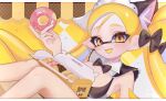  1girl :d black_bow blonde_hair bow box d_msy8 doughnut fang food hair_bow highres holding holding_doughnut holding_food inkling inkling_girl inkling_player_character letterboxed looking_at_viewer open_mouth outside_border skin_fang smile solo splatoon_(series) yellow_background yellow_eyes 