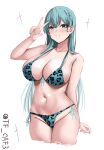  1girl aqua_bikini aqua_hair bikini breasts cleavage cropped_legs front-tie_bikini_top front-tie_top hair_between_eyes hair_ornament hairclip hand_up hashtag-only_commentary highres kantai_collection large_breasts long_hair looking_at_viewer navel one-hour_drawing_challenge parted_lips side-tie_bikini_bottom smile solo stomach suzuya_(kancolle) swimsuit tf_cafe twitter_username w white_background x_hair_ornament 