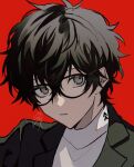  1boy a_d_chi amamiya_ren black-framed_eyewear black_hair black_jacket commentary_request glasses grey_eyes hair_between_eyes jacket looking_at_viewer male_focus messy_hair parted_lips persona persona_5 portrait red_background school_uniform short_hair shuujin_academy_school_uniform signature solo sweater turtleneck turtleneck_sweater upper_body white_sweater 