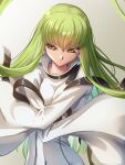  1girl breasts c.c. closed_mouth code_geass crossed_arms floating_hair green_hair highres jumpsuit long_hair solo suspenders upper_body very_long_hair veterme white_jumpsuit wide_sleeves yellow_eyes 