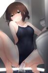  1girl barefoot bathroom black_one-piece_swimsuit blush breasts brown_hair censored clothed_masturbation clothing_aside dildo female_masturbation highres masturbation medium_breasts mosaic_censoring new_school_swimsuit niranom object_insertion one-piece_swimsuit original school_swimsuit sex_toy solo swimsuit swimsuit_aside tiptoes toilet toilet_stall vaginal vaginal_object_insertion 