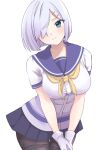  1girl black_pantyhose blue_eyes blush breasts gloves grey_hair grey_skirt hair_ornament hair_over_one_eye hairclip hamakaze_(kancolle) kantai_collection large_breasts looking_at_viewer neckerchief niwa_(niwa71065) pantyhose pleated_skirt school_uniform serafuku short_hair short_sleeves simple_background skirt smile solo white_background white_gloves yellow_neckerchief 