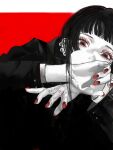  1girl black_eyes black_hair black_jacket body_writing ear_piercing highres jacket john_kafka long_sleeves looking_at_viewer nail_polish original piercing red_background red_nails solo 