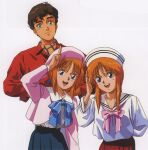  1980s_(style) 1boy 2girls age_difference alternate_universe blue_eyes brown_hair clone elpeo_puru friends good_end gundam gundam_zz hat highres judau_ashta key_visual kitazume_hiroyuki multiple_girls official_art orange_hair promotional_art puru_two retro_artstyle ribbon scan school_uniform serafuku size_difference traditional_media uniform 