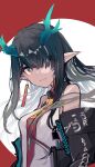  1girl arknights black_hair dragon_girl dragon_horns dusk_(arknights) earrings gradient_skin green_horns highres horns jewelry long_hair looking_at_viewer multicolored_hair pointy_ears red_eyes solo streaked_hair tassel tassel_earrings tetuw 