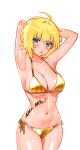  1girl :p absurdres ahoge amy_strickland armpits arms_behind_head arms_up art_undertaker bare_arms bikini blonde_hair blue_eyes blush body_writing breasts cleavage closed_mouth collarbone counter:side cowboy_shot english_commentary gold_bikini highres large_breasts long_eyelashes looking_at_viewer medium_hair navel presenting_armpit side-tie_bikini_bottom solo standing stomach swimsuit tongue tongue_out underboob v-shaped_eyebrows variant_set wet wet_clothes wet_swimsuit 