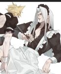  2boys alternate_costume apron backless_dress backless_outfit bare_pectorals bdsm black_dress black_shirt blonde_hair blush chinese_commentary cloud_strife commentary_request crossdressing dress ear_blush elbow_rest evil_smile final_fantasy final_fantasy_vii green_eyes grey_hair holding holding_leash leaning_forward leash leash_pull light_smile long_bangs long_hair maid maid_apron maid_headdress male_focus multiple_boys open_clothes open_shirt parted_bangs pectorals puffy_short_sleeves puffy_sleeves rainwangt sephiroth shirt short_hair short_sleeves simple_background sitting sleeve_cuffs slit_pupils smile spiked_hair sweatdrop toned toned_male upper_body white_apron white_background wrist_cuffs yaoi 