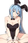  1girl absurdres animal_ears aqua_(konosuba) blue_eyes blue_hair blush bow bowtie breasts crossed_legs detached_collar embarrassed fake_animal_ears highres kono_subarashii_sekai_ni_shukufuku_wo! long_hair looking_down playboy_bunny rabbit_ears rabbit_girl sattinittas simple_background solo 