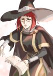  1girl book bridal_gauntlets cape diagonal_bangs fire_emblem fire_emblem_awakening glasses hair_tubes hat highres holding holding_book looking_at_viewer miriel_(fire_emblem) o-ring red_hair turtleneck witch_hat wrist_guards yukiot_main 