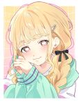  1girl absurdres blonde_hair blush braid fujita_kotone gakuen_idolmaster heart heart-shaped_pupils highres idolmaster jacket kameria526 long_hair looking_at_viewer multicolored_clothes multicolored_jacket own_hands_together shirt smile solo symbol-shaped_pupils twin_braids upper_body yellow_eyes yellow_shirt 