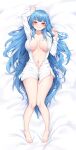  1girl absurdres arm_up ass_visible_through_thighs barefoot bed_sheet blue_hair blush bottomless breasts breasts_apart collared_shirt commission dakimakura_(medium) deogho_(liujinzy9854) dress_shirt english_commentary feet full_body grin highres large_breasts long_hair long_sleeves looking_at_viewer lying navel on_back open_clothes open_shirt original red_eyes shirt sidelocks smile solo thighs toes very_long_hair white_shirt 