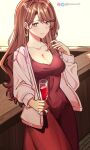  1girl absurdres artist_name breasts brown_hair cleavage collarbone counter cowboy_shot cup dress drinking_glass earrings hand_up highres holding holding_cup jacket jewelry knowname large_breasts long_hair looking_at_viewer mature_female oshi_no_ko pink_jacket pink_nails red_dress red_eyes saitou_miyako solo wine_glass 