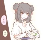  1girl black_hair closed_mouth commentary_request double_bun flower hair_bun hair_ribbon holding holding_flower neck_ribbon puffy_short_sleeves puffy_sleeves purple_sash red_ribbon ribbon sash shirt shokabatsuki short_sleeves simple_background solo touhou translation_request upper_body white_background white_flower white_shirt yellow_eyes 